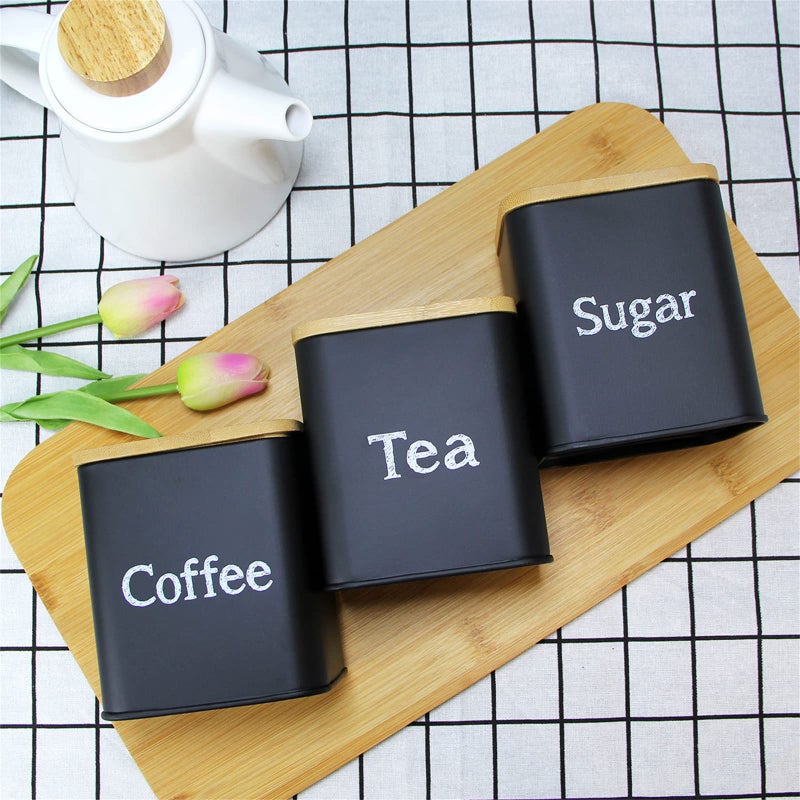 SOTECH 3 Pcs Kitchen Canister Set Coffee Sugar and Tea Storage Container Jars Metal with Bamboo Lid Square Black Snack Kitchen Food Storage Containers (Black jars) - Image 2